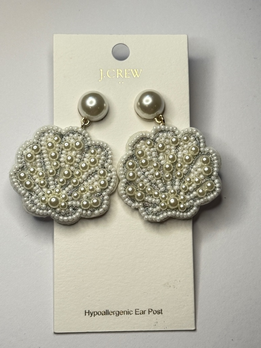 J Crew White Beaded Seashell Statement Earrings NEW